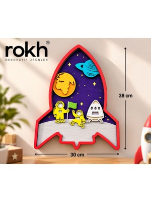 Rokh 🚀 Astronotlu Roket Duvar Süsü 38X30 cm | Uzay Temalı Çocuk Odası Dekoru 🪐⭐