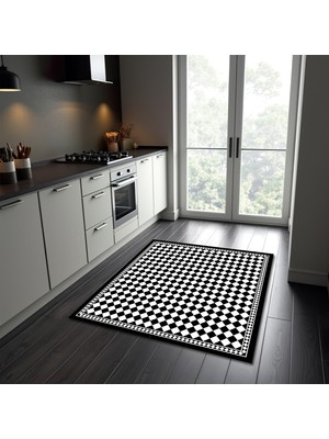 Nesa Decor Damalı Geometrik Baklava Desenli Siyah Beyaz Mutfak Banyo Antre Halısı