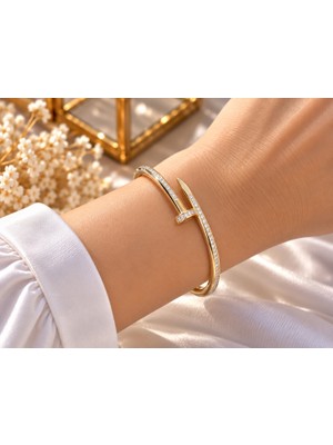Terragolds 316L Çelik Gold Renk Çivi Model Zirkon Taş Detay Kadın Bileklik