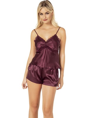 Ahu Lingerie Saten Şort Takım Gecelik Mürdüm