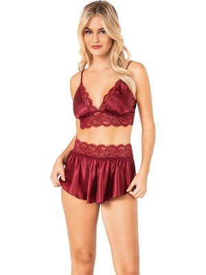 Ahu Lingerie Saten Şort Takım Gecelik Bordo