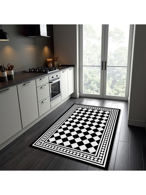 Nesa Decor Damalı Geometrik Baklava Desenli Siyah Beyaz Mutfak Banyo Antre Halısı