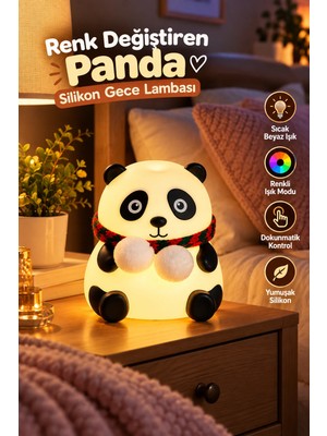 Str Store Sevimli Panda Silikon Gece Lambası Renkli Işık Modu Dokunmatik Kontrollü Aydınlatma