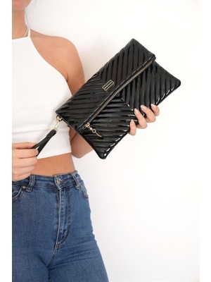 Silver & Polo Silver Polo Rugan Siyah - Rugan Siyah Kapitone V Kadın Portföy ve Clutch El Çantası SP1134