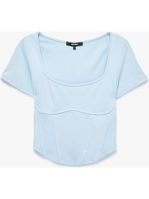 Koton Balenli Slim Fit Korse Detaylı Kare Yaka Kısa Kollu Crop Tişört