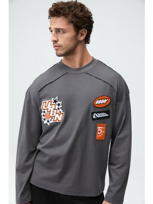 Grimelange Tıtus Erkek Organik Pamuklu Aplikeli Uzun Kollu Gri T-Shirt