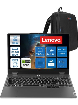 Neva Home Loq 15IRX10 Intel Core I5-14500HX 24GB Ddr5 1tb SSD RTX5060/8GB 100W 15,6 Inç Full Hd (1920X1080) IPS 300 NIT%100 Srgb, 144 Hz Freedos Gaming Bilgisayar 83JE012LTRF08+ZETTAÇANTA