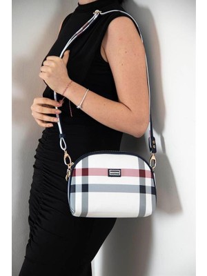 Silver & Polo Silver Polo Beyaz - Lacivert Ekose Kadın Çapraz Çanta SP765