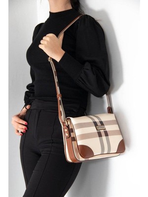 Silver & Polo Silver Polo Krem - Taba Ekose Kadın Çapraz Çanta SP784