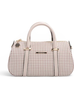 Silver Polo Bordo - Pudra Kaz Ayağı Ekose Kadın El Çantası SP1289
