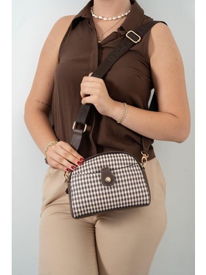 Silver & Polo Silver Polo Kahve Sarı - Kahve Ekose Line Kare Kadın Çapraz Çanta SP1144