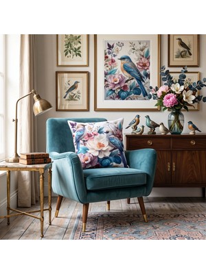 Loom & Laurel İçi Dolu Dekoratif Kırlent 45 x 43 cm, Dijital Baskılı Krep Kumaş, Dolgulu Yastık ve Fermuarlı Kılıf, Kanepe ve Koltuk için - Çiçekli Kuş Desenli