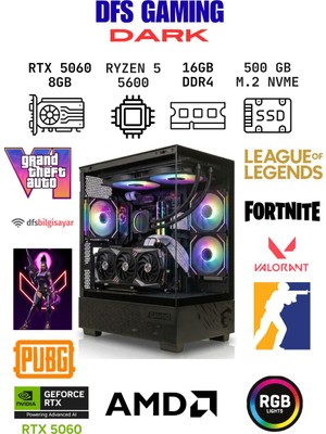 Neva Home Dfs Gaming Dark Ryzen 5 5600-A520M-RTX 5060-16GB RAM-512GB M.2 Ssd-Oyuncu Bilgisayarı