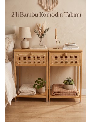 Robin Home Bambu 2'li Hazeran Rattan Çekmeceli Raflı Komodin Seti