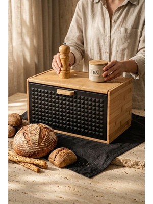 Atbyhome Çift Açılır Kapaklı Bambu Ekmek Kutusu 35.5X23.5X21 cm - Siyah Mat Metal Tezgah Üstü Ekmeklik