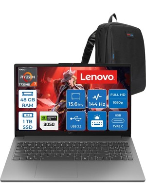 Prime Life Loq Essential 15ARP10 Amd Ryzen 7 7735HS 48GB 1tb SSD 6GB/RTX3050/65W 15.6" Fhd IPS 300NITS, 100% Srgb 144Hz Freedos Gaming Bilgisayar 83S00033TRF18 + Zettaçanta