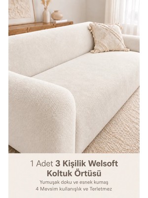 Btf Home Yumuşacık Welsoft Koltuk Örtüsü Kaymaz Esnek Düz Krem Renk 3 Kişilik 1 Parça
