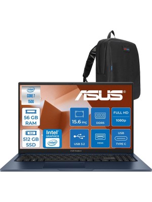 Prime Life Vivobook 15 Vivobook 15 (X1504VA) Intel® Core™ 7 150U 56GB Ddr5 512GB SSD Intel Graphic Gpu 15,6 Inç Fhd (1920 x 1080) Freedos Taşınabilir Bilgisayar X1504VA150UF22+ZETTAÇANTA