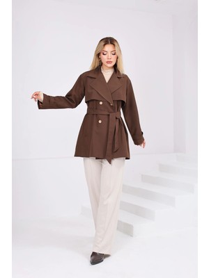 Sahra Afra Kadın Oversize Kısa Trençkot Apoletli Düğmeli Cepli Trençkot