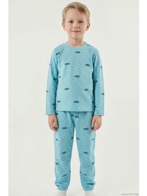 Breeze Erkek Çocuk Pijama Takımı Deniz Temalı Köpekbalığı Desenli 4-8 Yaş , Turkuaz