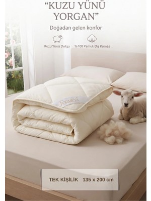 Formeya Tek Kişilik %100 Doğal Kuzu Yünü Yorgan Pamuk Kılıflı Kokusuz Terletmez Yıkanabilir 135X200 cm