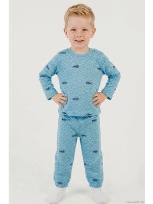 Breeze Erkek Bebek Pijama Takımı Deniz Temalı Köpekbalığı Desenli 9 Ay - 3 Yaş , Turkuaz