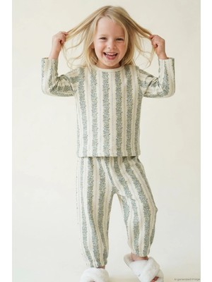 Breeze Kız Bebek Pijama Takımı Mavi Floral Çiçek Desenli Şeritli 9 Ay - 3 Yaş , Ekru