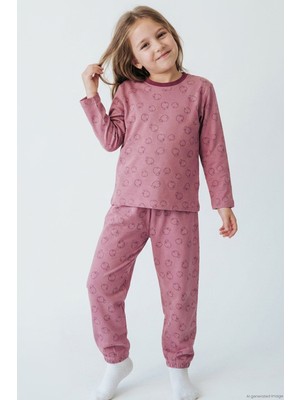 Breeze Kız Çocuk Pijama Takımı Elma Desenli Beli Paçası Lastikli 4-8 Yaş, Gülkurusu