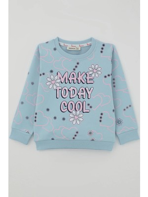 Breeze Kız Çocuk Cool Sweatshirt Çiçek Desenli Kalpli 3-8 Yaş , Açık Mavi