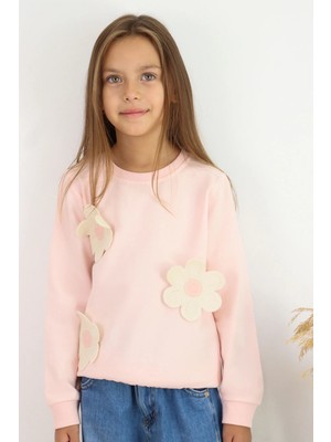 Breeze Kız Çocuk Sweatshirt Triko Papatya Aplikeli 4-8 Yaş , Pudra