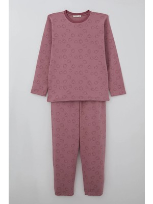 Breeze Kız Çocuk Pijama Takımı Elma Desenli Beli Paçası Lastikli 9-12 Yaş, Gülkurusu