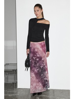 Grimelange Beulah Kadın Maxi Boy Slim Fit Beli Lastikli Tül Batik Desenli Pembe /desenli Etek