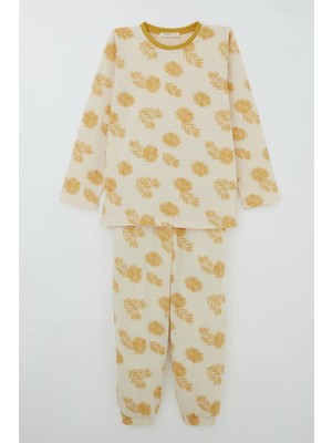 Breeze Kız Çocuk Pijama Takımı Tropik Yaprak Desenli 4-8 Yaş, Krem