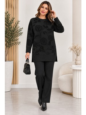 BezeXL Büyük Beden Çiçek Desen Yırtmaçlı Triko Kazak Siyah
