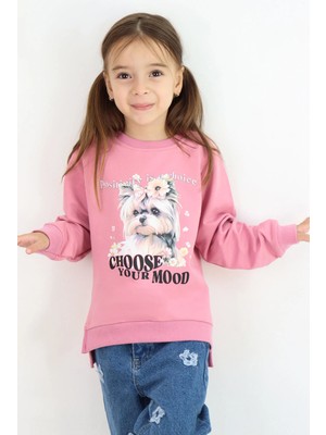 Breeze Kız Çocuk Sweatshirt Sevimli Köpekçik Baskılı Fiyonklu Yazı Baskılı 3-8 Yaş , Gülkurusu