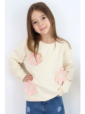 Breeze Kız Çocuk Sweatshirt Triko Papatya Aplikeli 4-8 Yaş , Krem