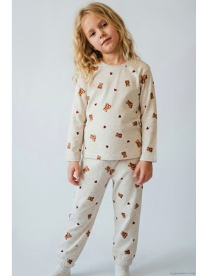 Breeze Kız Çocuk Pijama Takımı Kalp & Sevimli Oyuncak Ayıcık Desenli 4-8 Yaş, Bej Melanj