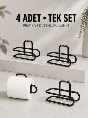 Str Store Duvara Yapışkanlı Wc Kağıtlık Siyah Metal 4 Adet Tuvalet Kağıdı Rulo Askısı