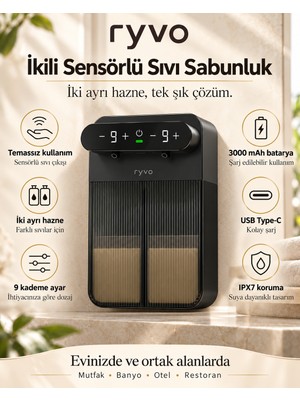 ryvo Çift Hazneli  Sensörlü Sabunluk (Jel+Jel) – Şarj Edilebilir - 9 Kademe Ayarı - Ipx7 Suya Dayanıklı, Şampuan, Duş Jeli, Sıvı Sabun ve Bulaşık Deterjanı DISPENSERI(SD-2001)