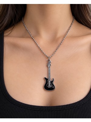 Herşey Nota Elektro Gitar Figürlü Erkek Kolye – Müzik Temalı Metal Uçlu Şık Zincir Kolye