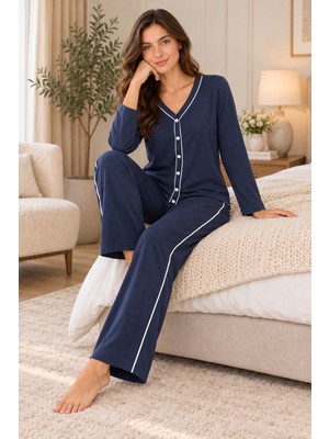 Lilac Kadın %100 Pamuk Beyaz Ara Biyeli Uzun Kollu Lacivert Pijama Takımı