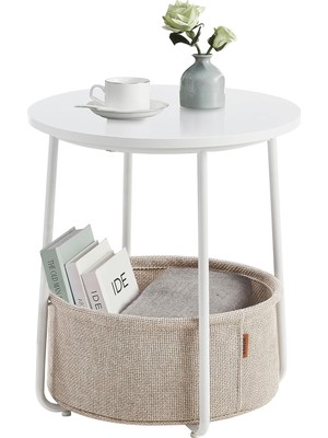 Str Store Yuvarlak Sehpa, Küçük Masa, Sehpa Küçük, Kumaş Sepetli Oturma Odası Masası, Oturma Odası, Yatak Odası Için Depolama Alanı, Modern Komodin, Beyaz-Bej LET223W10