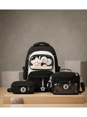 Str Store Ortapedik Lüx 3 Bölmeli Rozet Hediyeli 3'lü Okul Çanta Seti (Çanta + Beslenme + Kalemlik) Siyah Unisex