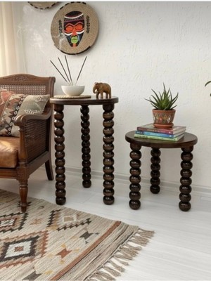 Aselya Home Doğal Ahşap 2'li Set Boncuk Ayaklı Modern Yan Sehpa Çiçeklik