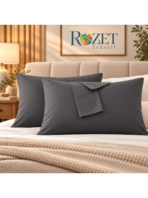 Rozet Tekstil Antrasit Yastık Kılıfı Pamuk Kumaş Kapaklı (2 Adet) 50 x 70 cm