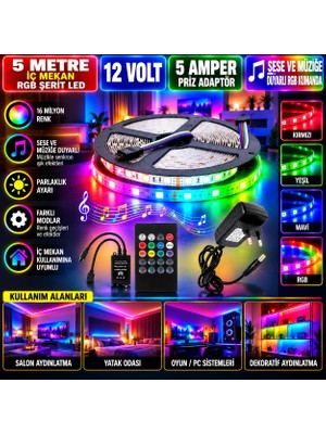 Powerr Led Aydınlatma 5m 12V 60 Ledli Iç Mekan Rgb Şerit LED 5A Priz Adaptör Sese ve Müziğe Duyarlı Rgb Kumandalı Set