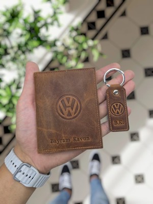 Visso Leather 1904 Volkswagen Logolu  Deri Araç Ruhsat Kılıfı Isme Özel Çanta Erkek Kadın Modeli