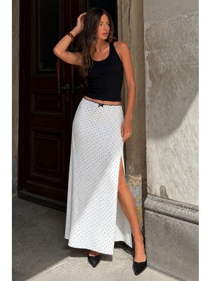 Seeh Ekru Puantiyeli Yırtmaçlı Maxi Kadın Etek SH255