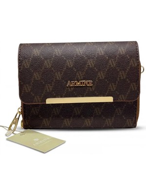 Armine 381 Kadın Monogram Baskılı Gold Metal Detaylı Çapraz Askılı Cüzdan Çanta Portföy
