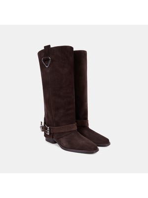 Desa Kadın Koyu Kahve Vintage Tokalı Süet Western Çizme